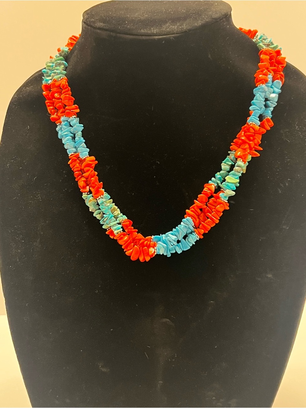 Vibrant Turquoise & Coral Chip Necklace - Blue and Red
